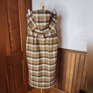 NWT Anthropologie Brown Plaid Strapless Belted Midi Dress Size 6